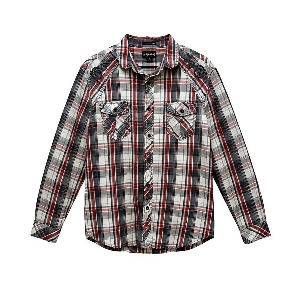 Helix Shirt Mens L Athletic Fit Button Up Long Sleeve Plaid Embroidered Shoulder
